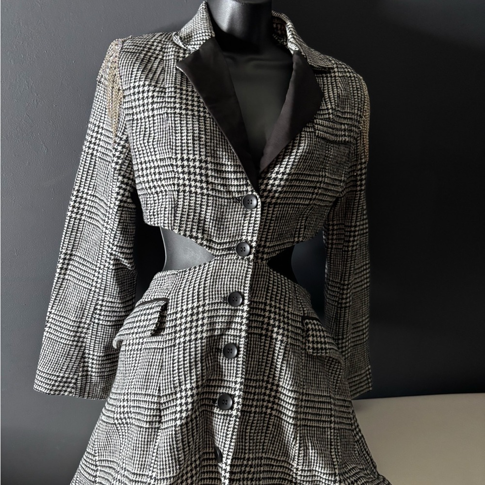 Houndstooth Black & White Tailored Women's Blazer Coat dress